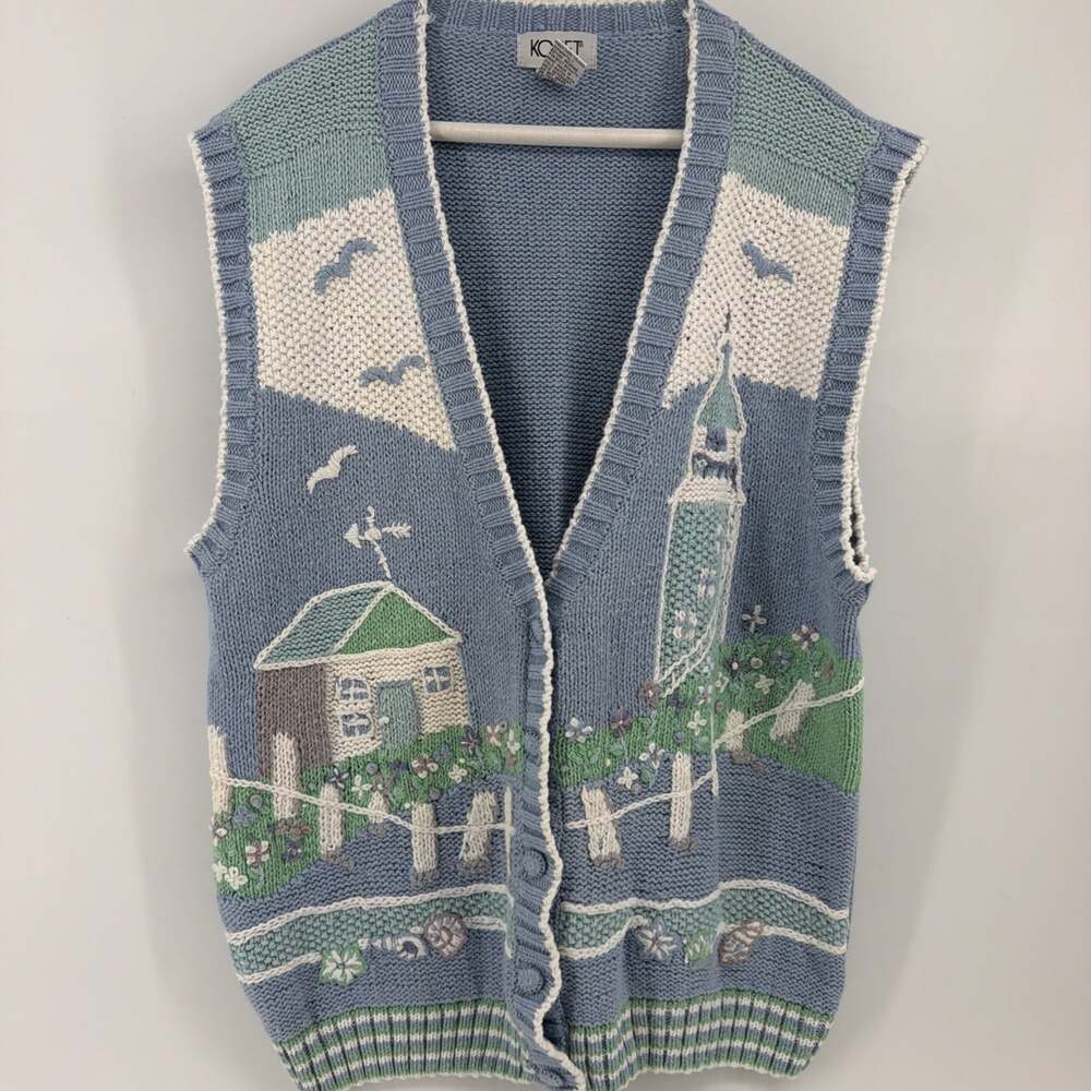 VTG Koret Womens Sweater Vest Size XL Knit Cardigan 90s Lighthouse Beach Novelty